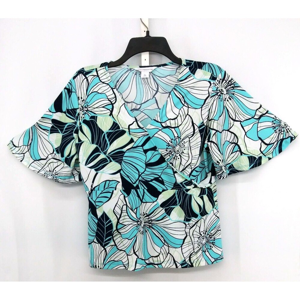 LIz Claiborne Shirt Womens Size PS White Teal Navy Floral Surplice V-Neck Top